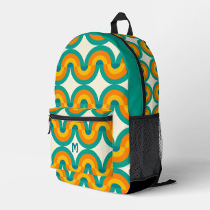 Mochila Impresa Naranja Verde Azul Olas de medio siglo Patrón de C