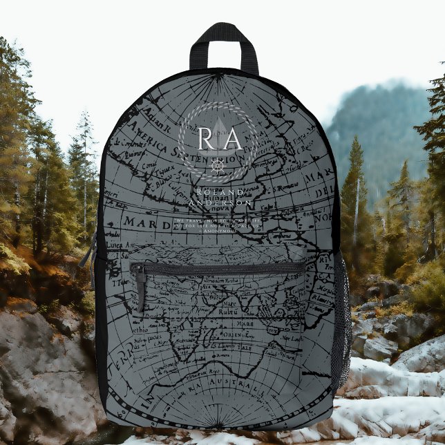Mochila Impresa Nautical Rope Monogram Map Black Grey (Nautical Map Monogram Traveller Grey Backpack.)