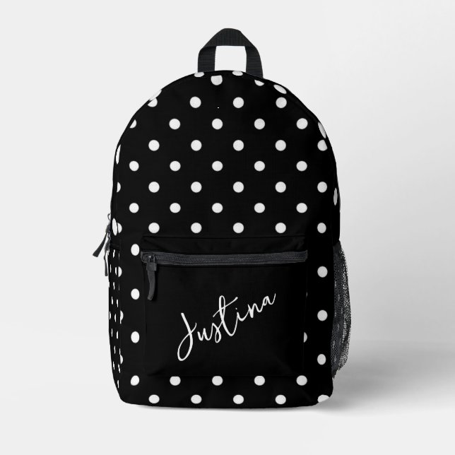 Mochila Impresa Negro con puntos de polka blanco personalizados (Anverso)