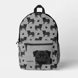 Mochila Impresa Negro Pug Dog Mops Diseño Patrón Con Nombre Gris