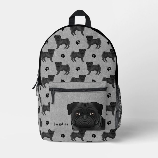 Mochila Impresa Negro Pug Dog Mops Diseño Patrón Con Nombre Gris (Anverso)