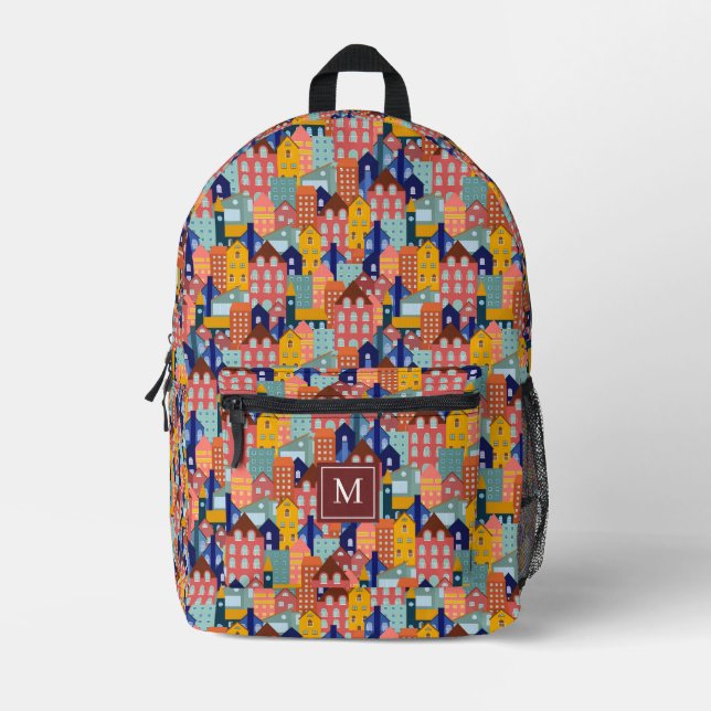 Mochila Impresa Neighborhood City Houses Pattern (Anverso)