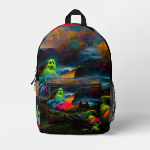 Mochila Impresa Neon Ghosts en un entorno de fantasía