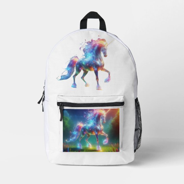 Mochila Impresa Neon Unicorn Art – Glowing Fantasy Horse Rainbow (Anverso)