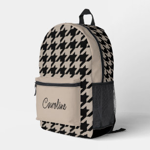 Mochila Impresa Neutral Taupe Beige Patrón Houndstoth Negro