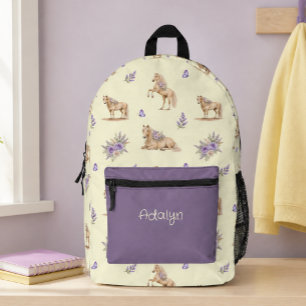 Mochila Impresa Niña Caballo Amarillo Púrpura Patrón Floral Escuel