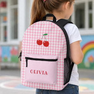 Mochila Impresa Niñas alegres con gingham rosa y cerezas