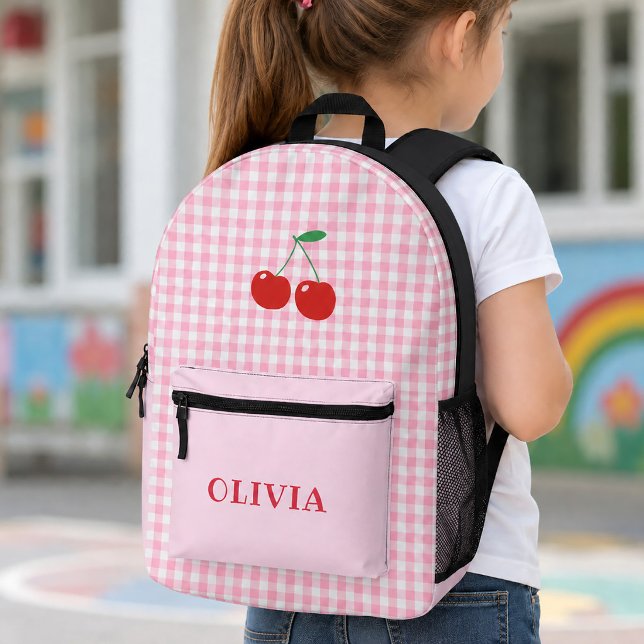 Mochila Impresa Niñas alegres con gingham rosa y cerezas (Pink Gingham Cheerful Cherry Girls Printed Backpack)