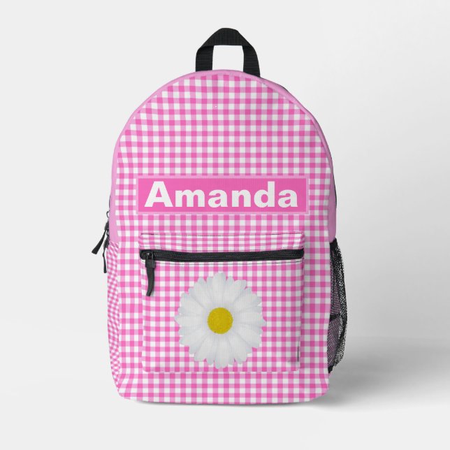 Mochila Impresa Niñas Personalizadas de Gingham Blanco Rosa  (Anverso)