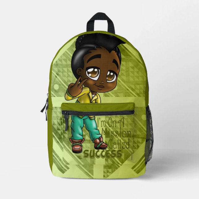 Mochila Impresa Niño americano africano amarillo verde (Anverso)