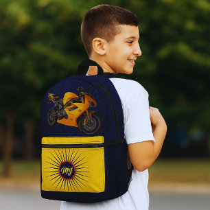 Mochila Impresa Niños de la escuela de monograma de motocicleta am