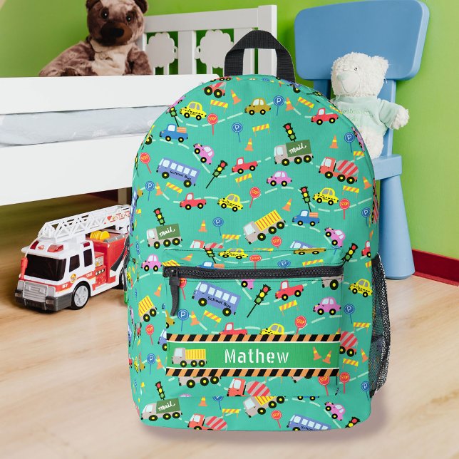 Mochila Impresa Niños de transporte verde (Fun and cute transportation inspired design. )