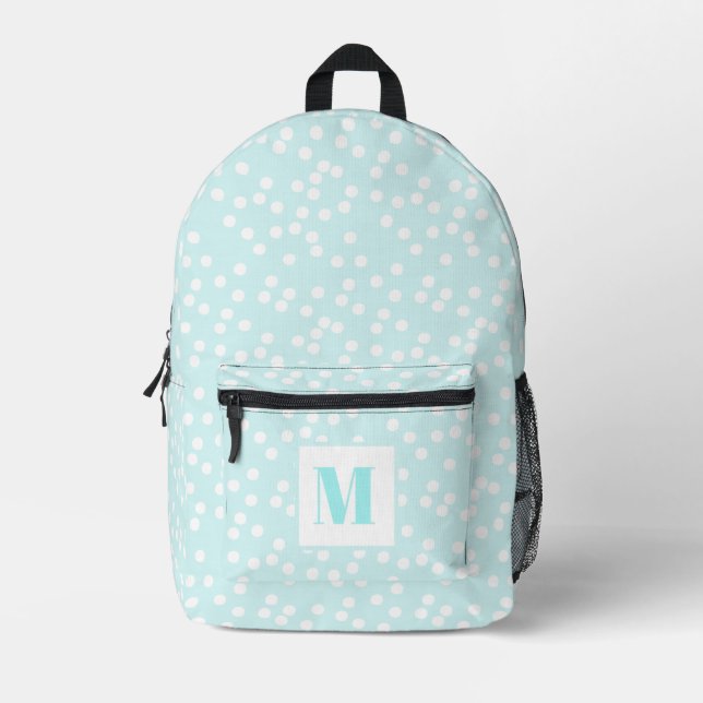 Mochila Impresa Niños monogramados de Cute Aqua y White Polkadots (Anverso)
