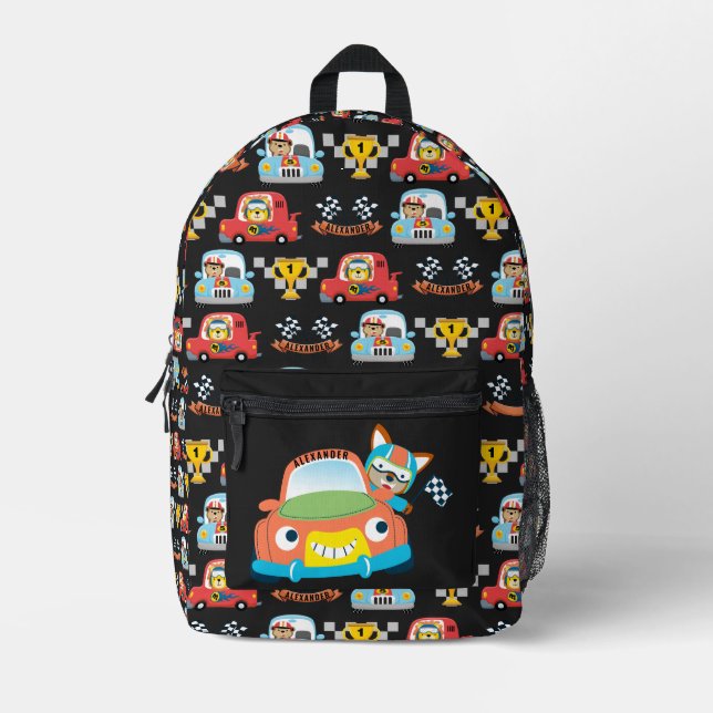 Mochila Impresa Niños Nombre Race Car Cute Boy Fox Race Car Driver (Anverso)