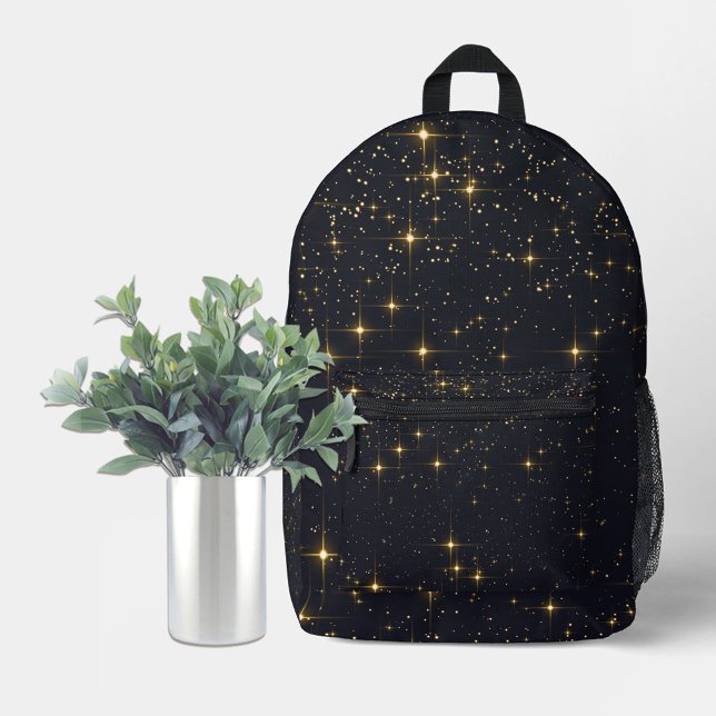 Mochila Impresa Noche estrellada de oro negro (Black and gold sparkle backpack. Custom with your text, photos, etc.)