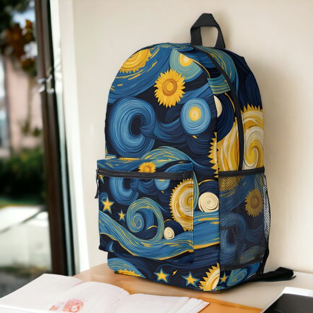 Mochila Impresa Noche Starry se reúne Sunflowers Van Gogh Mashup (Starry Night Meets Sunflowers Van Gogh Mashup Printed Backpack from Ricaso. A modern take on vintage)