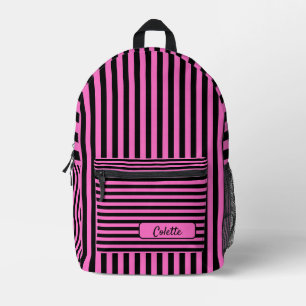 Mochila Impresa Nombre a rayas vintage rosa neón y negro