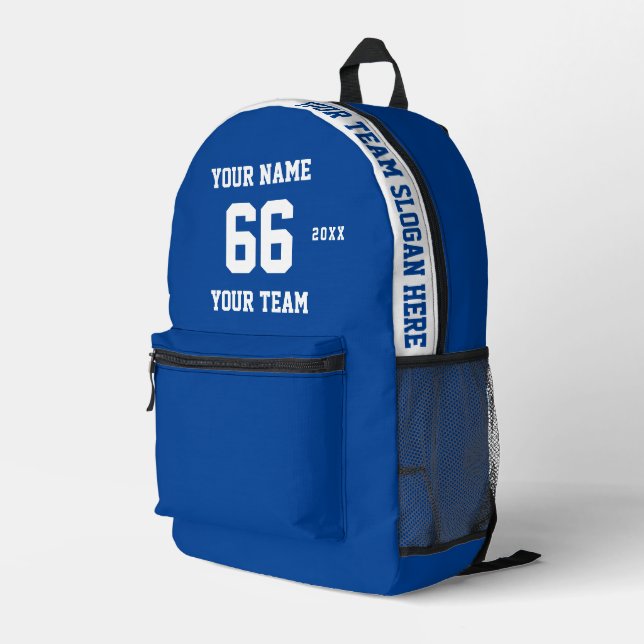 Mochila Impresa Nombre azul blanco personalizado, número, deporte  (Esquina derecha trasera )