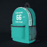 Mochila Impresa Nombre azul turquesa personalizado, número, equipo<br><div class="desc">Crea tu propia mochila imprimida estilo personalizado azul turquesa azul claro Sport Football Style con nombre, número, nombre del equipo, lema y año. Personalice esta sencilla y clásica plantilla de mochila impresa con su mensaje personalizado, nombre, nombre del equipo y año. Fácilmente lo personaliza para un deporte fresco. Crea tu...</div>