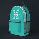 Mochila Impresa Nombre azul turquesa personalizado, número, equipo<br><div class="desc">Crea tu propia mochila imprimida estilo personalizado azul turquesa azul claro Sport Football Style con nombre, número, nombre del equipo, lema y año. Personalice esta sencilla y clásica plantilla de mochila impresa con su mensaje personalizado, nombre, nombre del equipo y año. Fácilmente lo personaliza para un deporte fresco. Crea tu...</div>