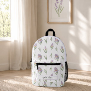 Mochila Impresa Nombre botánico del iris púrpura lavanda estético