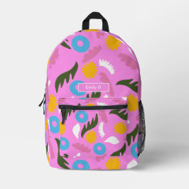 Mochila Impresa nombre color rosa patrón floral escuela moderna Bo