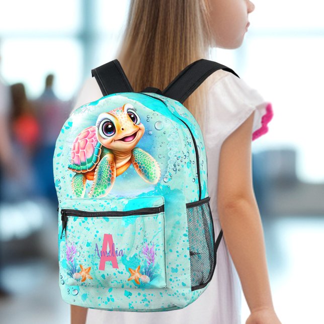 Mochila Impresa Nombre curado de tortuga Chica oceánica feliz (Cute Happy Turtle Girl Ocean Turquoise Name Printed Backpack)
