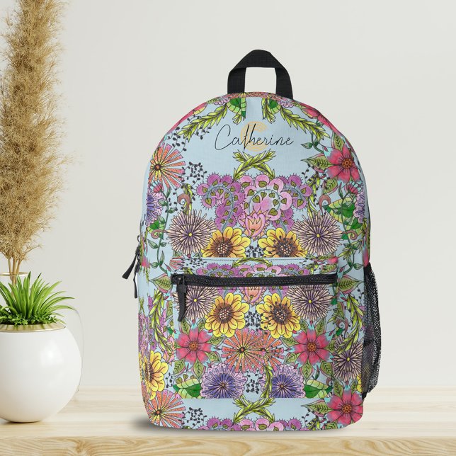 Mochila Impresa Nombre de arte floral vibrante dibujado a mano e i (Subido por el creador)