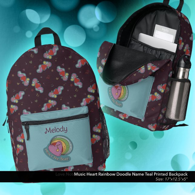 Mochila Impresa Nombre de doodle arcoiris del corazón musical Verd (Heart the Beat Rainbow Doodle  Design Backpack: Personalized with Owner's Name - Teal Accent Color)