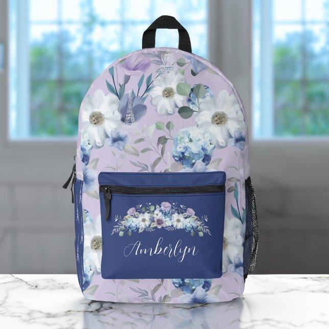 Mochila Impresa Nombre de Florencia de color violeta de la Torre E (Paris Eiffel Tower Violet Watercolor Florals Name Printed Backpack)