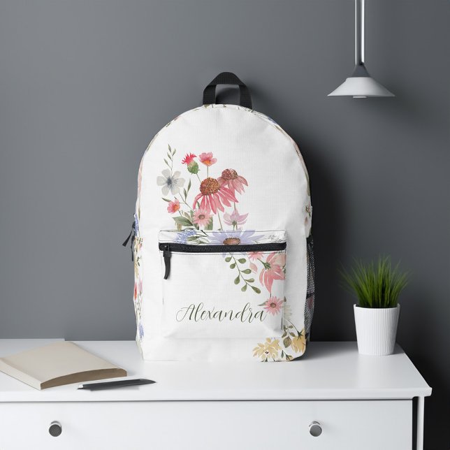 Mochila Impresa Nombre de guión personalizado de Flores silvestres (Watercolor Wildflowers Personalized Script Name Printed Backpack)