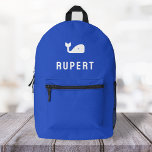 Mochila Impresa Nombre de la ballena Monograma Azul real mínimo mo<br><div class="desc">Un diseño personalizado en un fondo azul real con un icono de un motivo de ballena en blanco que puede ser reemplazado fácilmente subiendo su propio logo, imagen o motivo! El nombre de monograma personalizado en la tipografía blanca moderna de bloques puede ser reemplazado por su propio nombre o texto...</div>