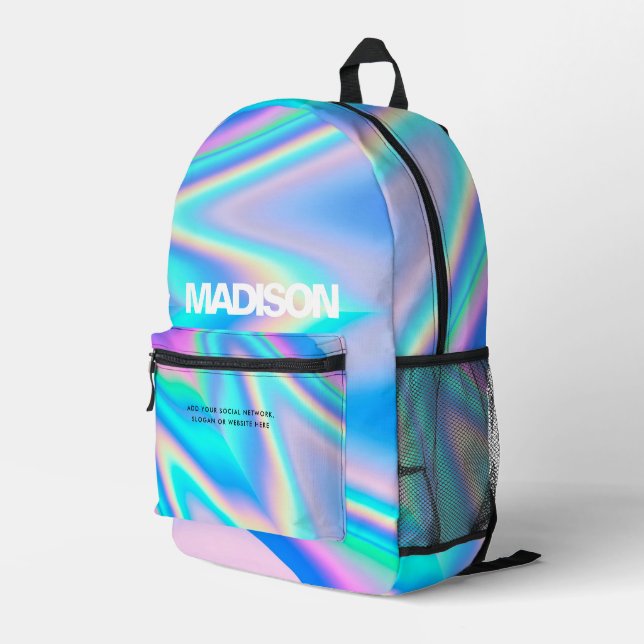 Mochila Impresa Nombre de la onda arcoiris holográfica personaliza (Esquina derecha trasera )