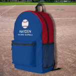 Mochila Impresa Nombre de los colores personalizados del equipo de<br><div class="desc">Una mochila deportiva súper divertida con una pelota de béisbol y dos líneas de texto personalizado. Cambie fácilmente los colores para que coincidan con los colores del equipo. Lo suficientemente espacioso para libros, computadora, equipo deportivo y más - o como una bolsa de viaje o de sueño también. A tu...</div>