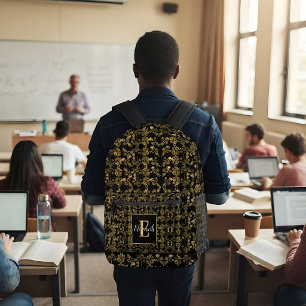 Mochila Impresa Nombre de monograma de damasco dorado personalizad