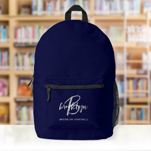Mochila Impresa Nombre de monograma de escritura en gris azul mari