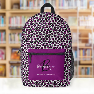 Mochila Impresa Nombre de Monograma de Impresión de Leopardo Púrpu