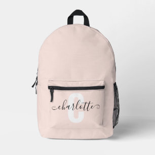 Mochila Impresa Nombre de monograma femenino Script Rosa Rubor