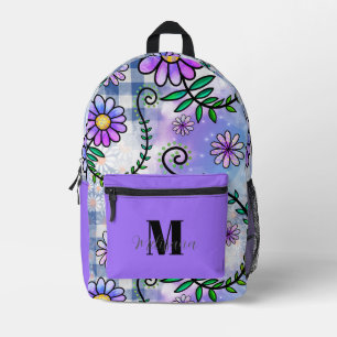 Mochila Impresa Nombre de monograma floral morado lindo 