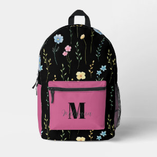 Mochila Impresa Nombre de monograma floral rosa lindo 