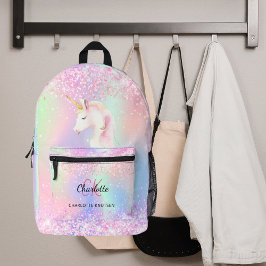 Mochila Impresa Nombre de monograma holográfico rosa unicornio