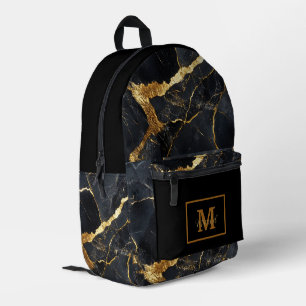 Mochila Impresa Nombre de monograma negro y dorado moderno 