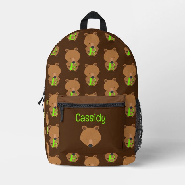 Mochila Impresa Nombre de niño monograma de oso lindo (Anverso)