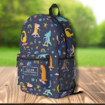 Mochila Impresa Nombre de niño personalizado de dinosaurios en Ska<br><div class="desc">Mochila súper divertida con dinosaurios en patinetas y motocicletas y el nombre de su hijo. Añadir una línea extra de texto - número de teléfono, nombre de equipo, decir, etc. - o borrar. Lo suficientemente espacioso para libros, computadora, equipo deportivo y más - o como una bolsa de viaje o...</div>