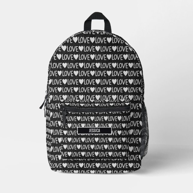 Mochila Impresa Nombre del Monograma de Amor del Texto Blanco Negr (Anverso)