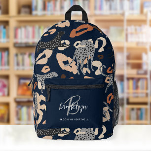 Mochila Impresa Nombre del monograma de impresión del leopardo azu