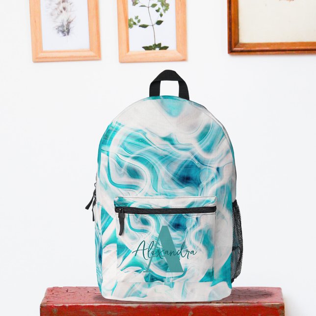 Mochila Impresa Nombre del Monograma verde azulado de Swirls Líqui (Subido por el creador)