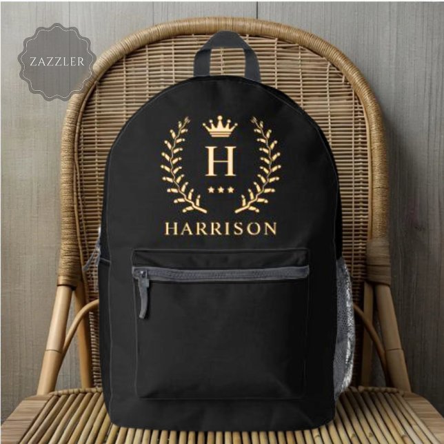 Mochila Impresa Nombre del personalizar y Monograma inicial de oro (Customize Name & Initial Black White Gold Monogram Printed Backpack)