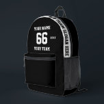 Mochila Impresa Nombre en blanco y negro personalizado, número, eq<br><div class="desc">Crea tu propia mochila impresa con estilo de fútbol deportivo blanco y negro personalizado con nombre, número, nombre del equipo, lema y año. Personalice esta sencilla y clásica plantilla de mochila impresa con su mensaje personalizado, nombre, nombre del equipo y año. Fácilmente lo personaliza para un deporte fresco. Crea tu...</div>