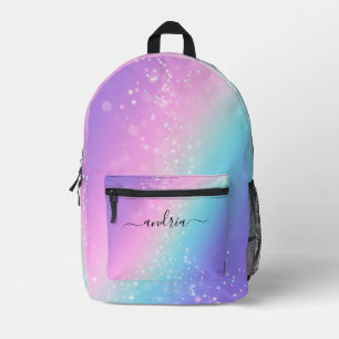 Mochila Impresa Nombre en letra cursiva negra, estrellas bokeh mor
